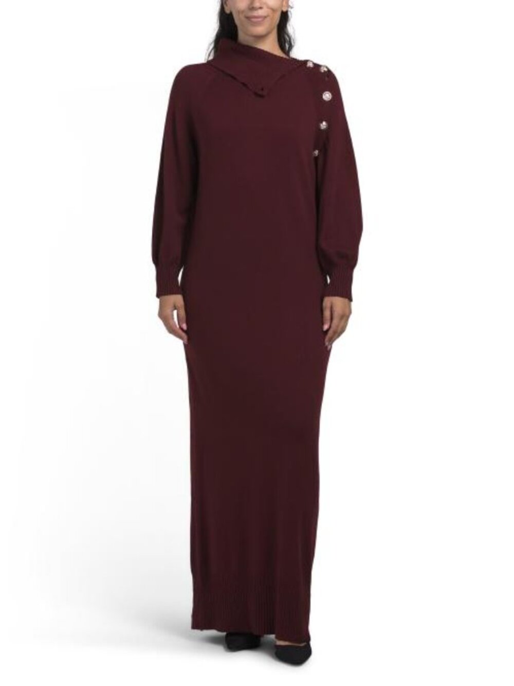 DALIA MACPHEE Long Sleeve Asymmetrical Collar Maxi Sweater Dress